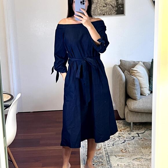 Tibi Midi Off Shoulder Dress with Belt Blue size 4 100% cotton